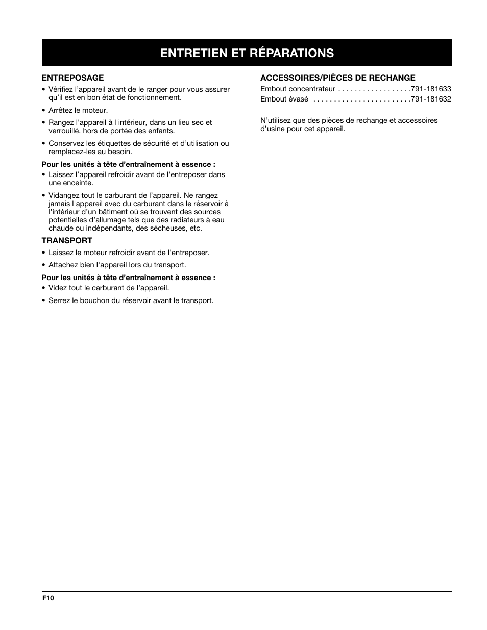 Entretien et réparations | MTD TBTB User Manual | Page 22 / 36