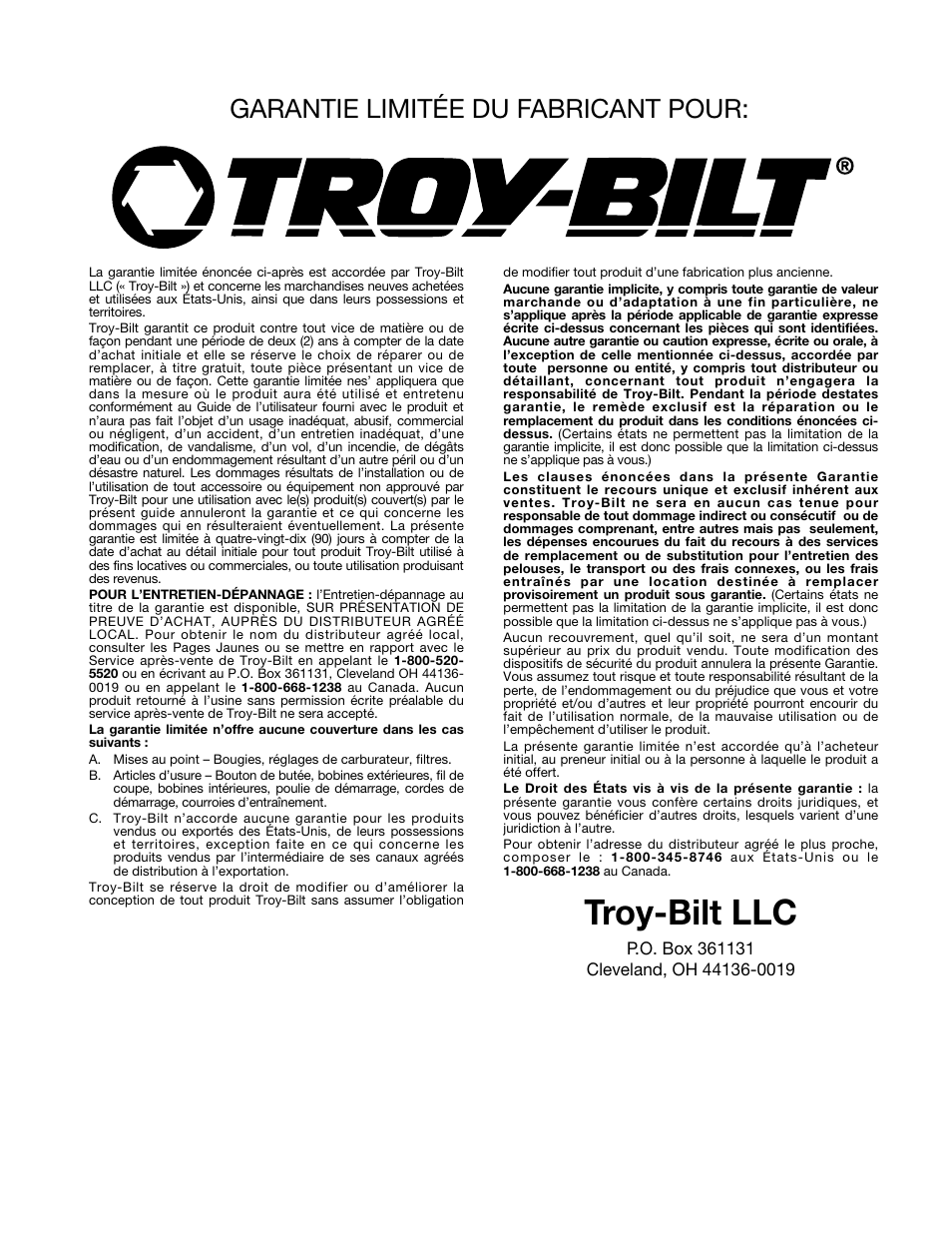 Troy-bilt llc, Garantie limitée du fabricant pour | MTD TBTB User Manual | Page 24 / 36