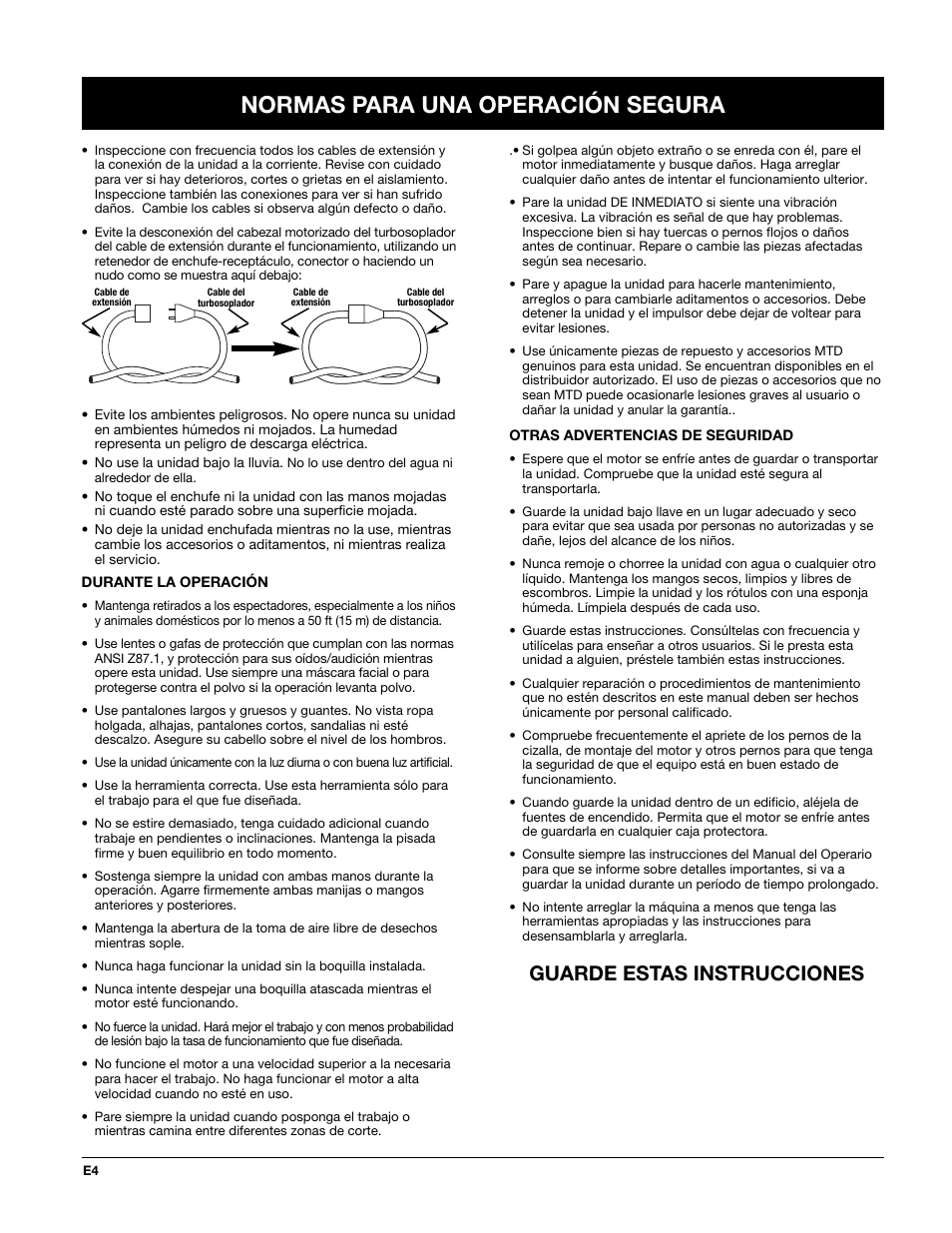 Normas para una operación segura, Guarde estas instrucciones | MTD TBTB User Manual | Page 28 / 36