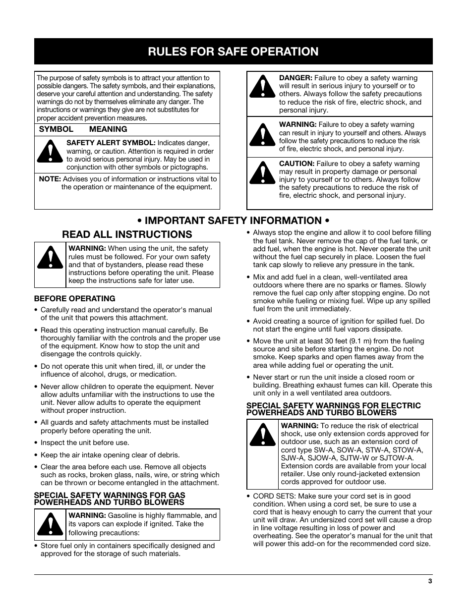 Rules for safe operation, Read all instructions, Important safety information | MTD TBTB User Manual | Page 3 / 36