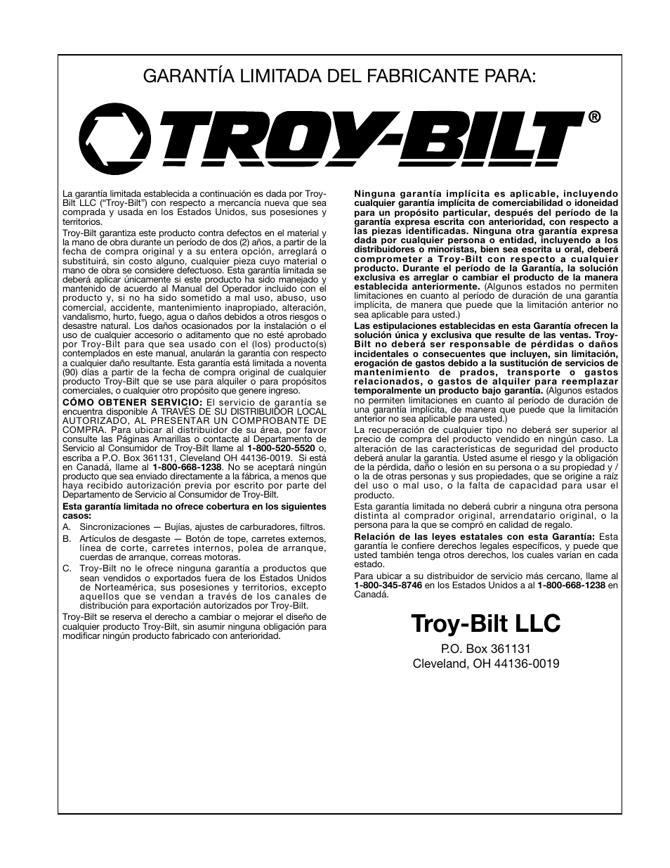 Troy-bilt llc, Garantía limitada del fabricante para | MTD TBTB User Manual | Page 36 / 36