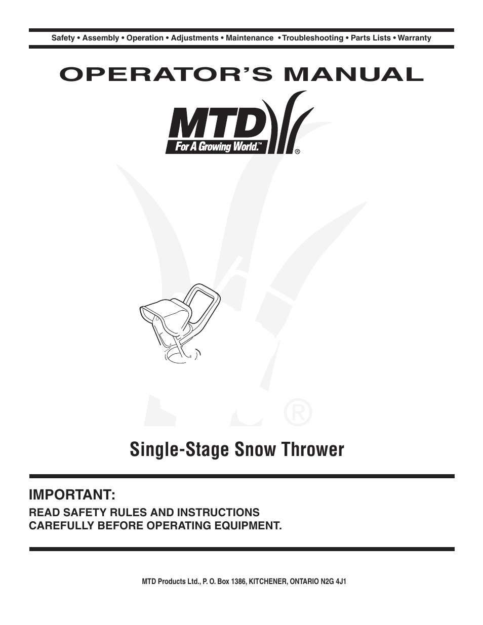 MTD Single-Stage Snow Thrower User Manual | 32 pages