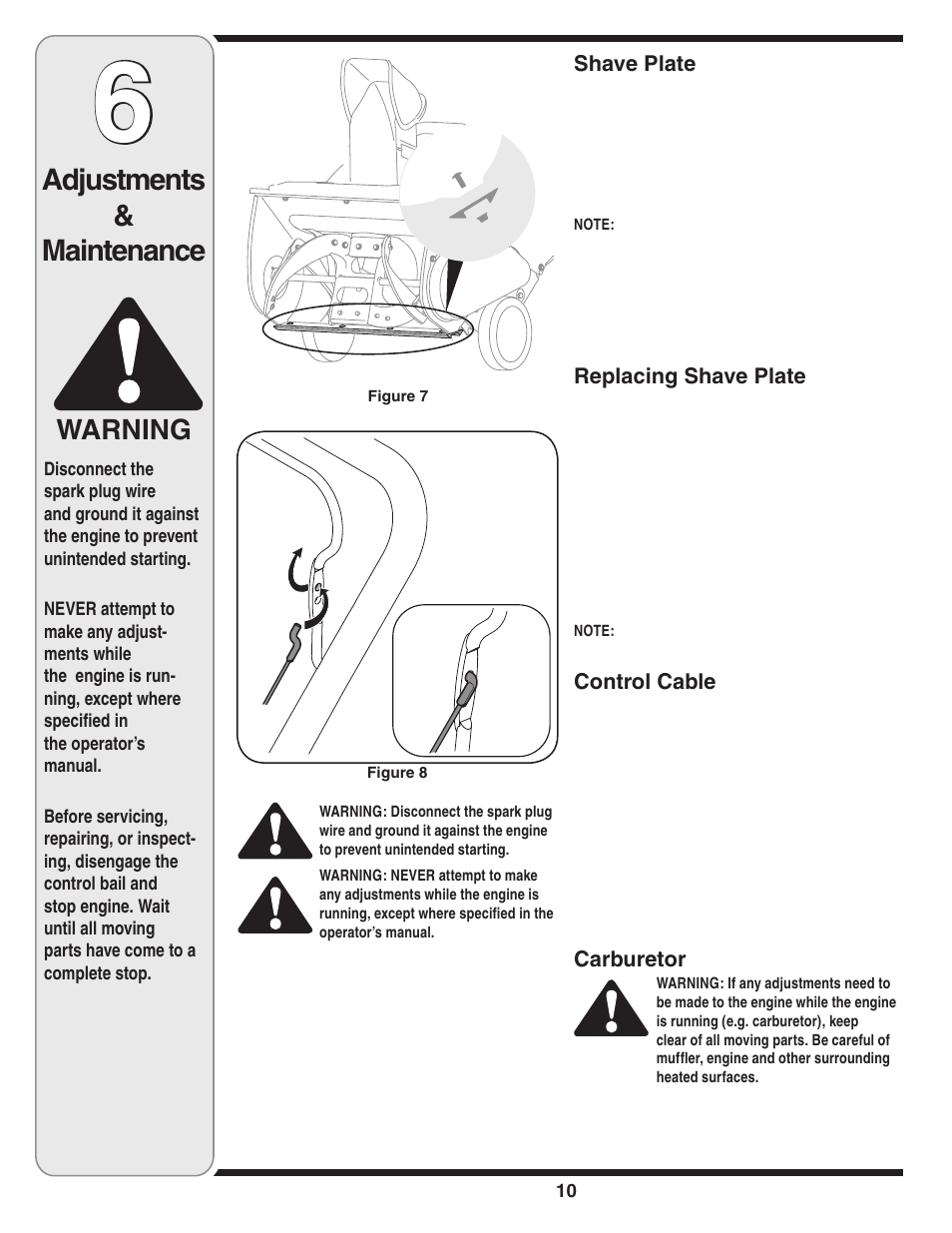 Adjustments & maintenance, Warning | MTD Single-Stage Snow Thrower User Manual | Page 10 / 32