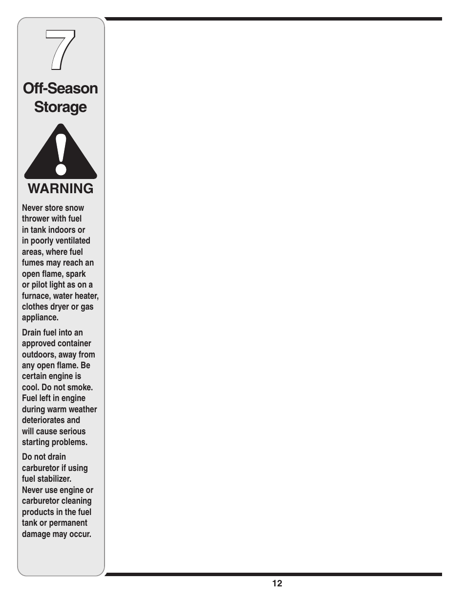 Off-season storage, Warning | MTD Single-Stage Snow Thrower User Manual | Page 12 / 32