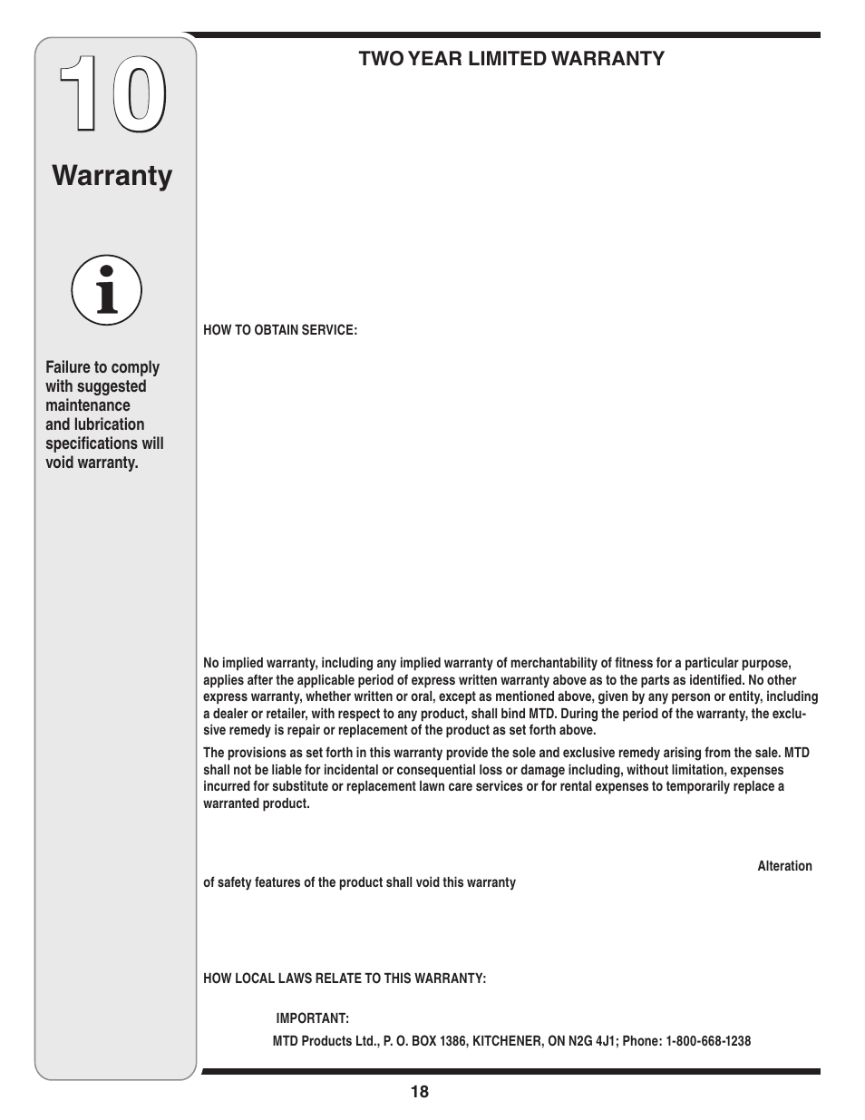 Warranty | MTD Single-Stage Snow Thrower User Manual | Page 18 / 32