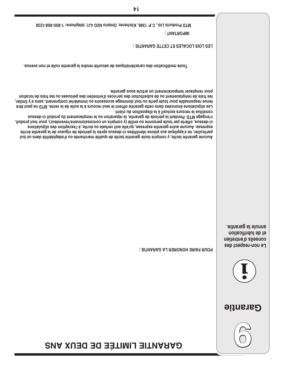 Garantie, Garantie limitée de deux ans | MTD Single-Stage Snow Thrower User Manual | Page 19 / 32