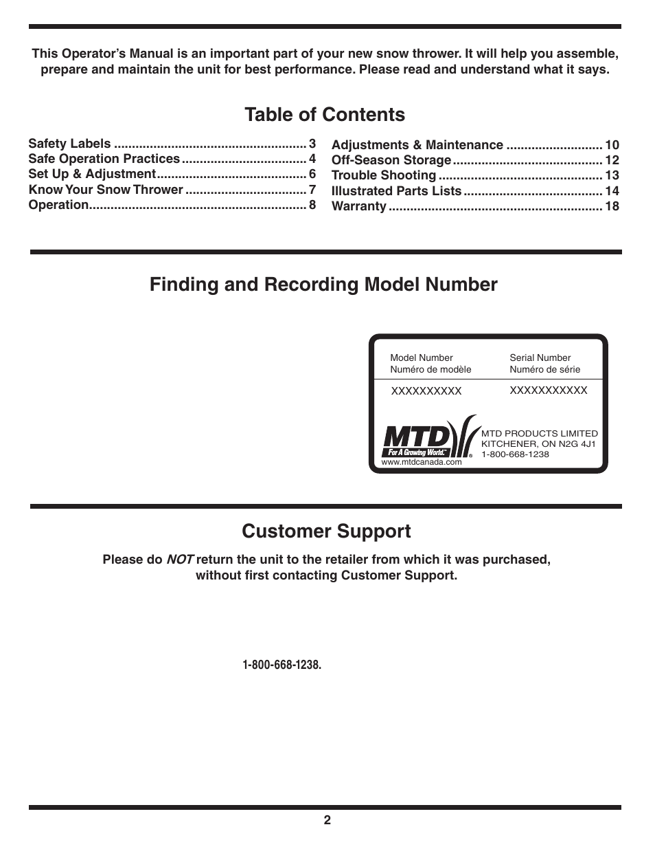 MTD Single-Stage Snow Thrower User Manual | Page 2 / 32