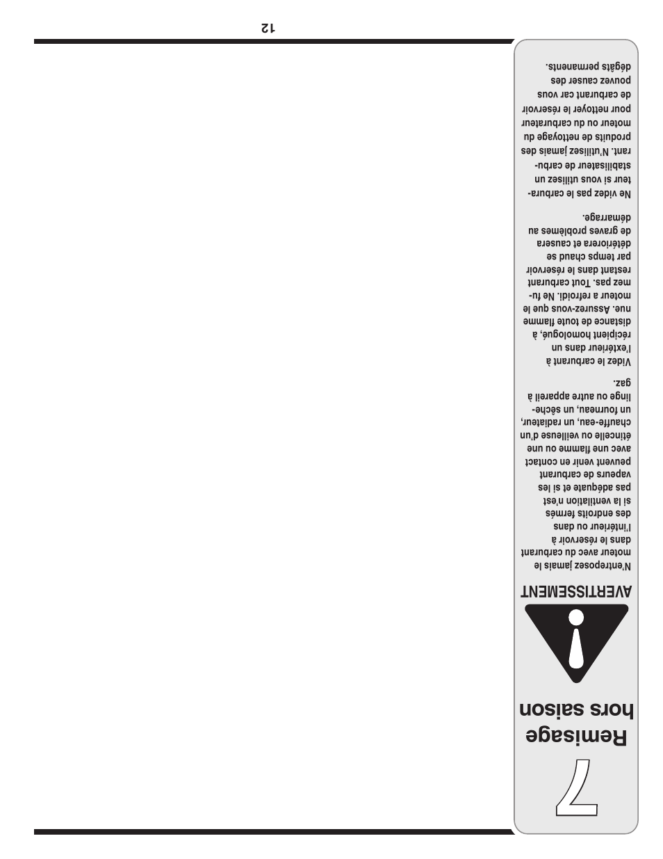 Remisag e hor s s ais on, Aver tissement | MTD Single-Stage Snow Thrower User Manual | Page 21 / 32