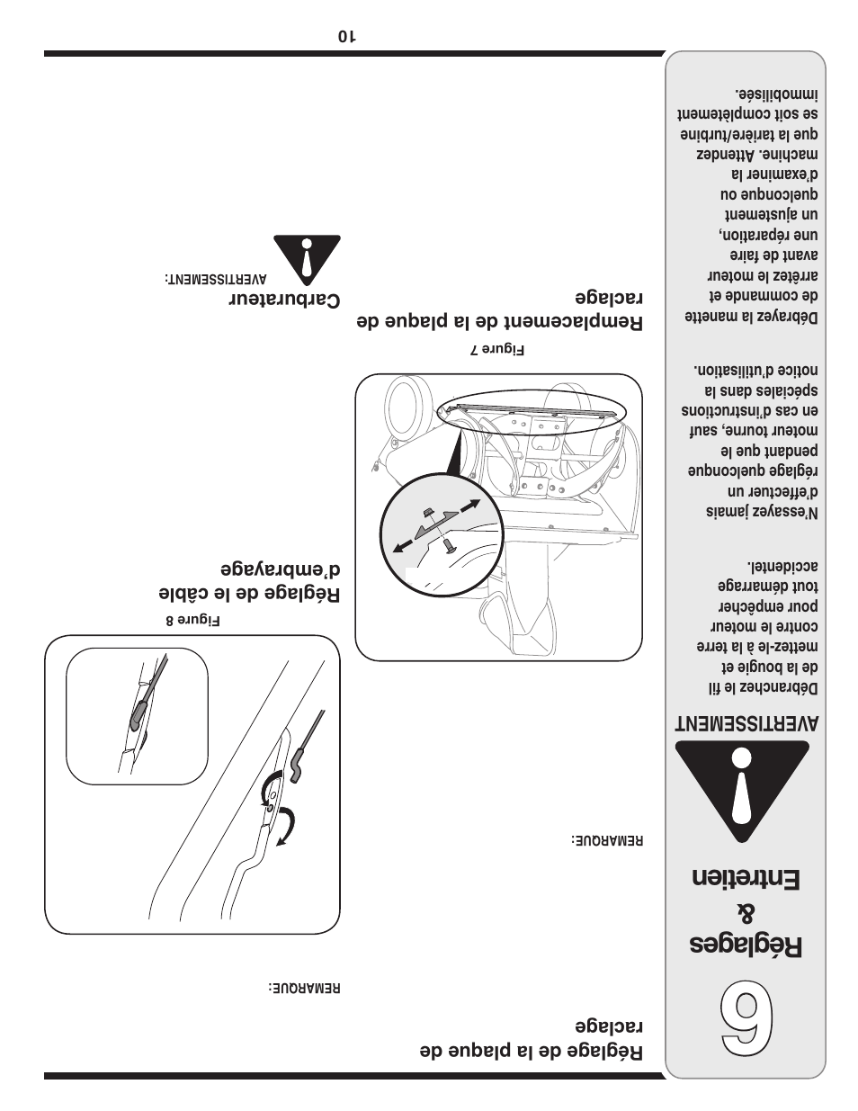 Rég lag es & ent ret ien, Aver tissement, Réglag e de la plaque de racla ge | Remplacement de la plaque de racla ge, Réglag e de le câble d’embraya ge, Carburateur | MTD Single-Stage Snow Thrower User Manual | Page 23 / 32
