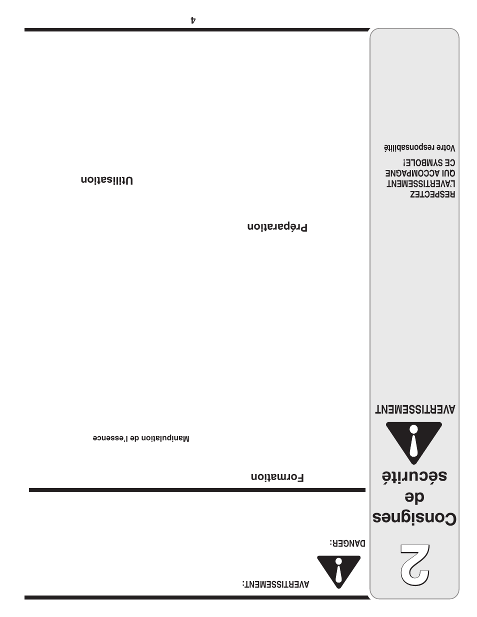 Con sig nes de sécurité, Aver tissement, Formation | Préparation, Utilisation | MTD Single-Stage Snow Thrower User Manual | Page 29 / 32