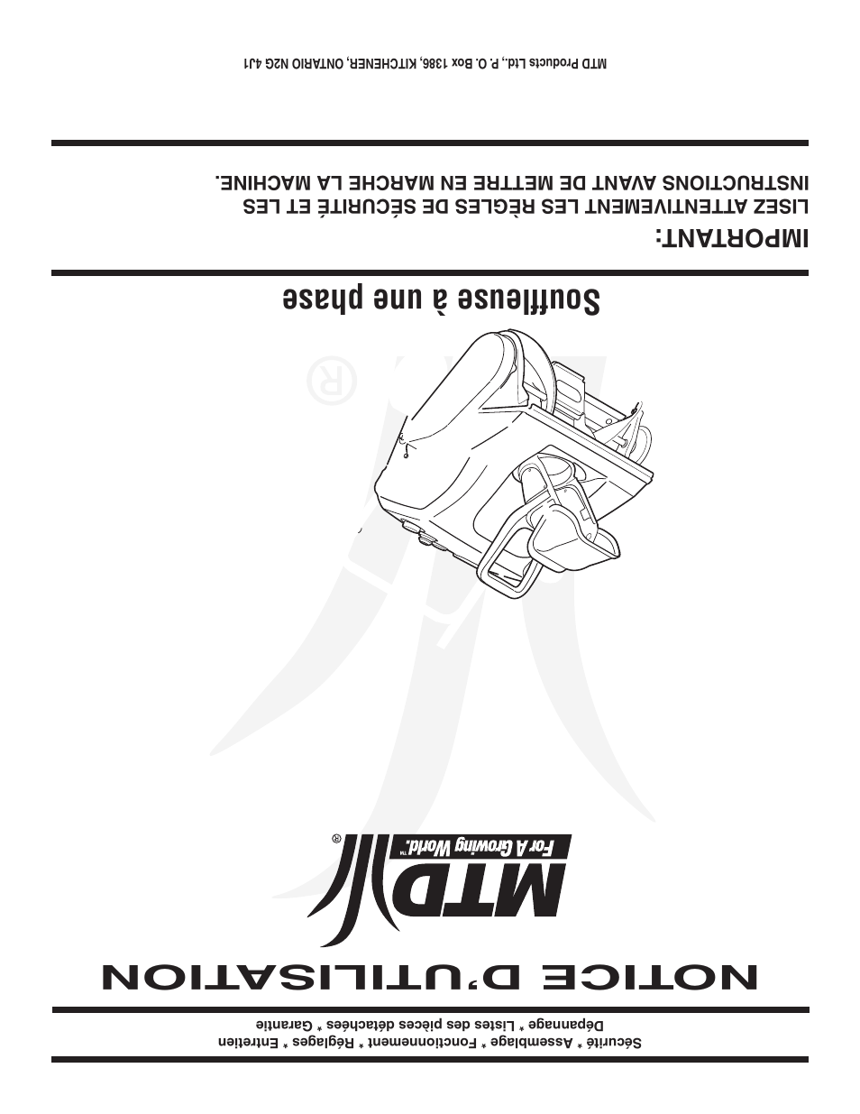 Notice d’utilisa tion, Souffleuse à une phase, Important | MTD Single-Stage Snow Thrower User Manual | Page 32 / 32