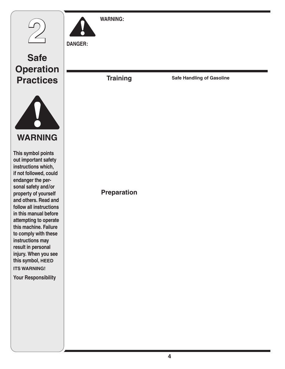 Safe operation practices, Warning, Training | Preparation | MTD Single-Stage Snow Thrower User Manual | Page 4 / 32