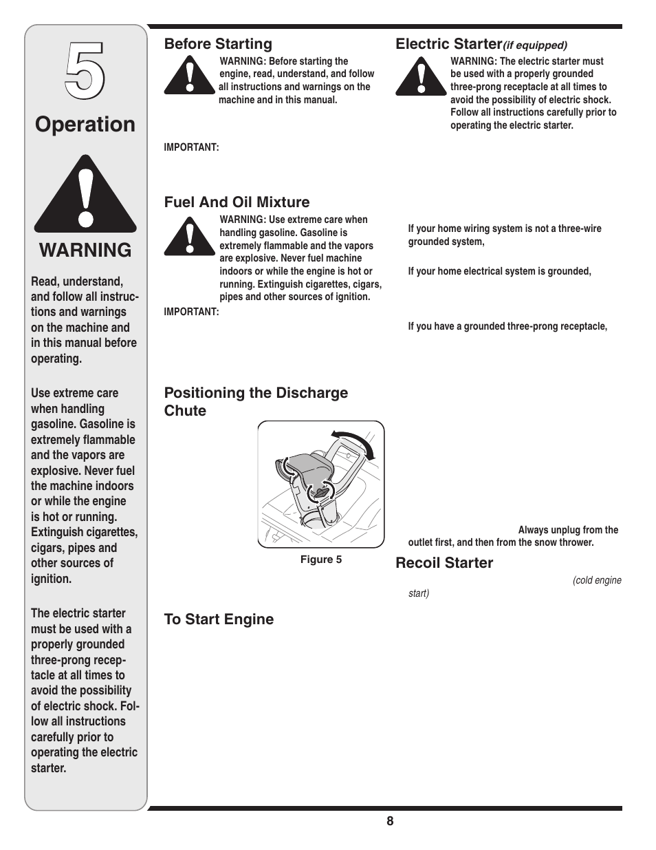 Operation, Warning | MTD Single-Stage Snow Thrower User Manual | Page 8 / 32