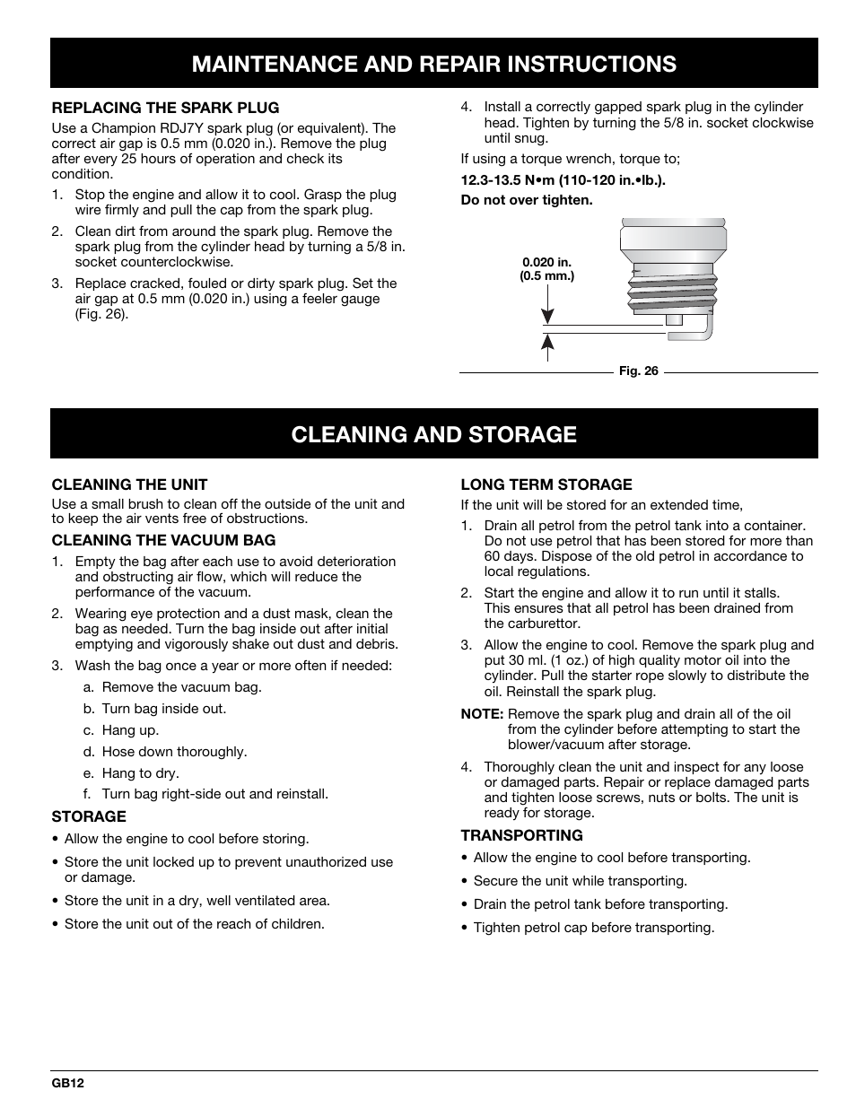 Maintenance and repair instructions, Cleaning and storage | MTD BV3100 User Manual | Page 12 / 88