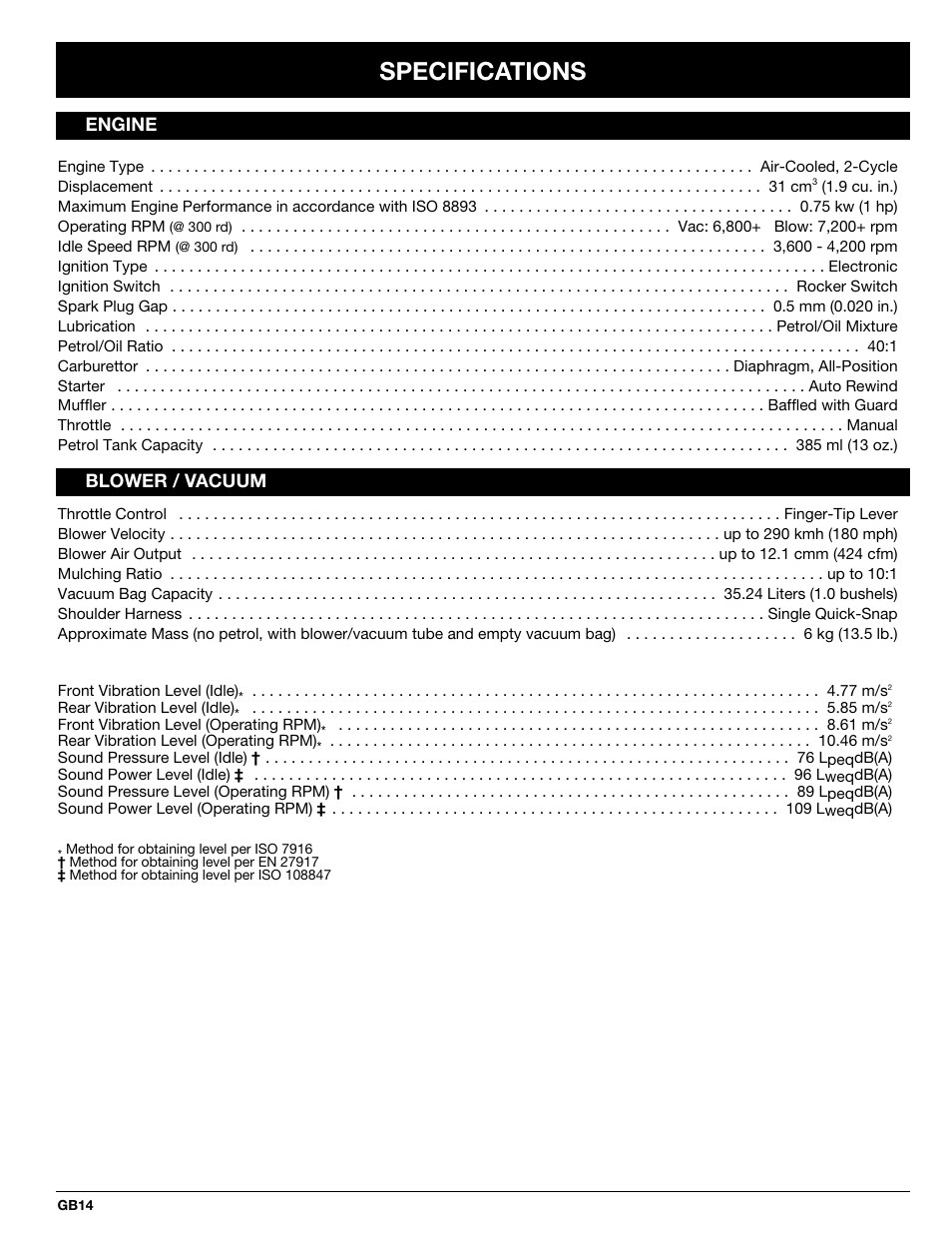 Specifications, Engine blower / vacuum | MTD BV3100 User Manual | Page 14 / 88