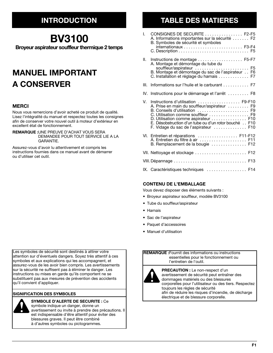 Bv3100, Manuel important a conserver, Introduction table des matieres | MTD BV3100 User Manual | Page 15 / 88