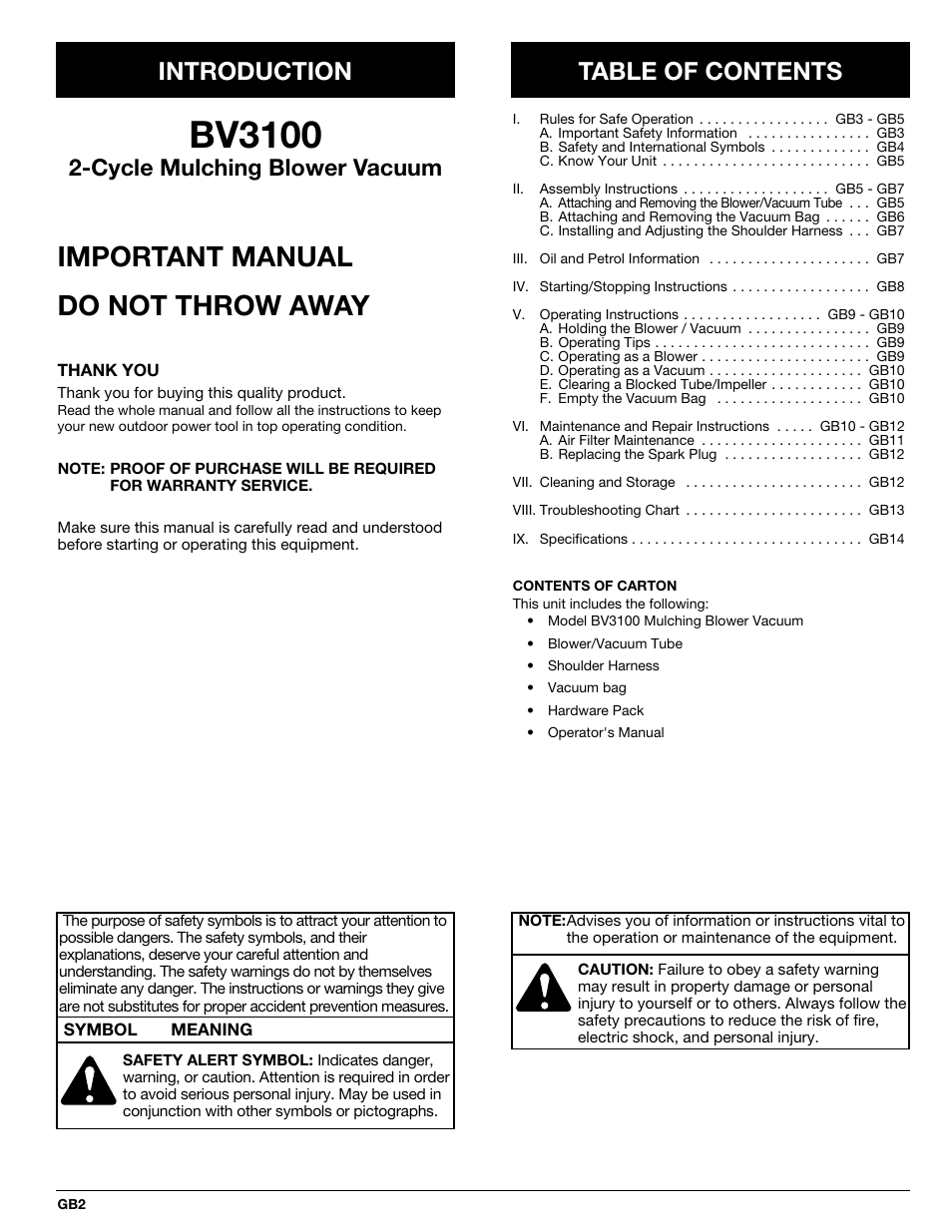 MTD BV3100 User Manual | Page 2 / 88