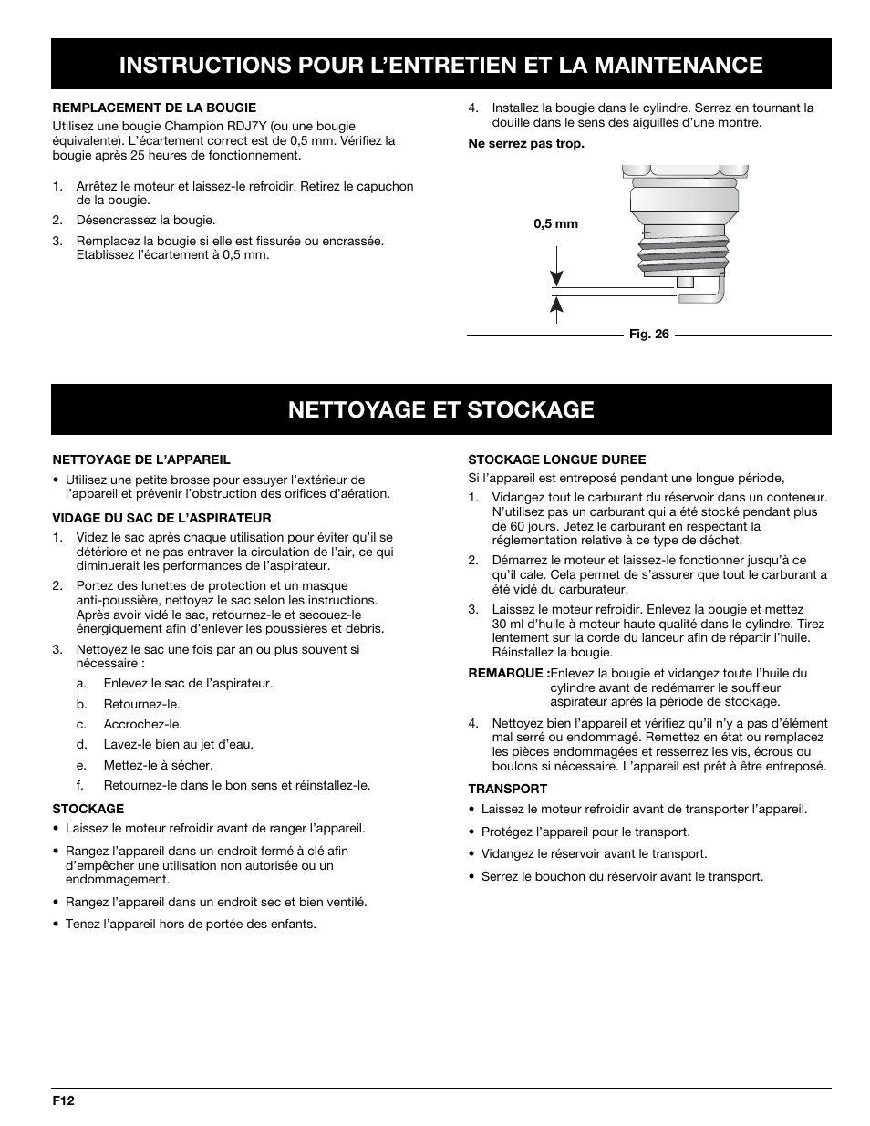 Instructions pour l’entretien et la maintenance, Nettoyage et stockage | MTD BV3100 User Manual | Page 26 / 88