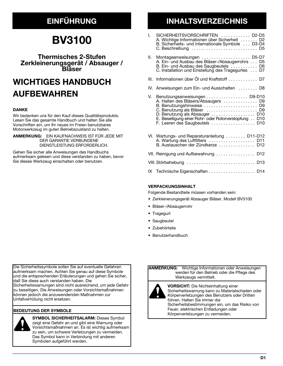 Bv3100, Wichtiges handbuch aufbewahren, Einführung inhaltsverzeichnis | MTD BV3100 User Manual | Page 29 / 88
