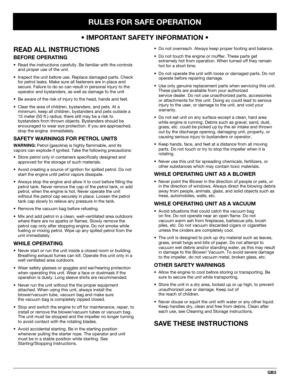 Rules for safe operation, Save these instructions | MTD BV3100 User Manual | Page 3 / 88