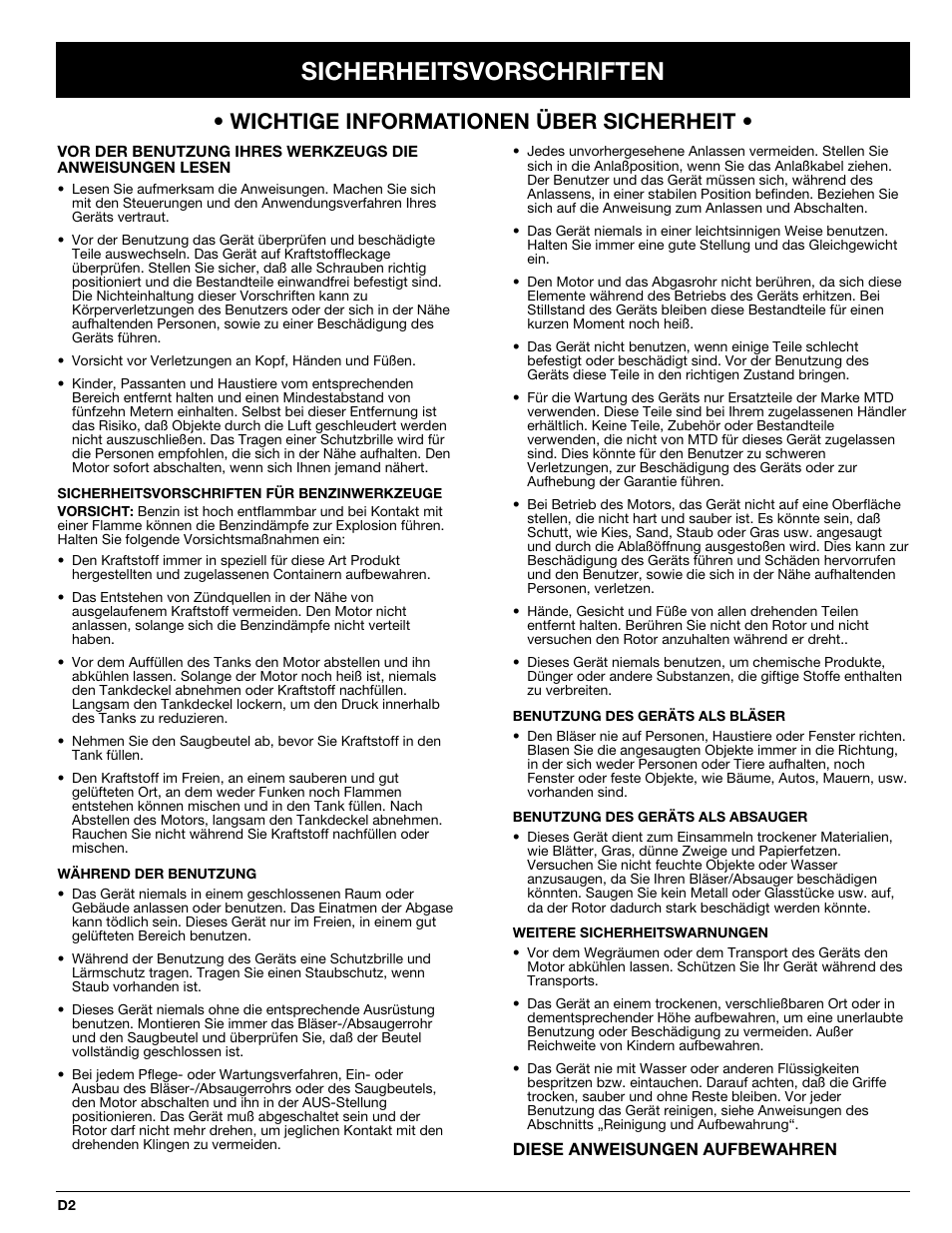 Sicherheitsvorschriften, Wichtige informationen über sicherheit | MTD BV3100 User Manual | Page 30 / 88