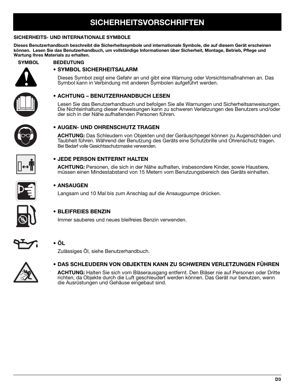 Sicherheitsvorschriften | MTD BV3100 User Manual | Page 31 / 88