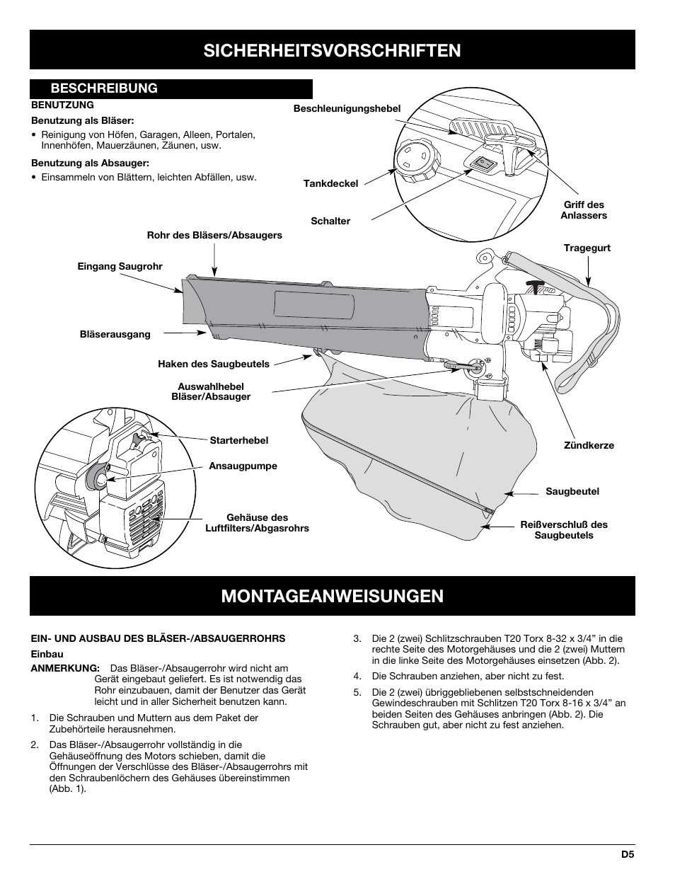 Montageanweisungen sicherheitsvorschriften, Beschreibung | MTD BV3100 User Manual | Page 33 / 88