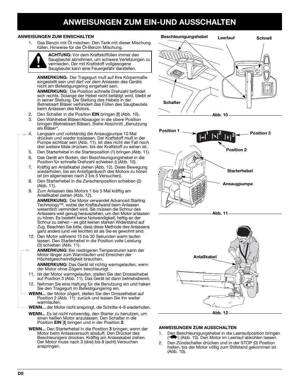 Anweisungen zum ein-und ausschalten | MTD BV3100 User Manual | Page 36 / 88