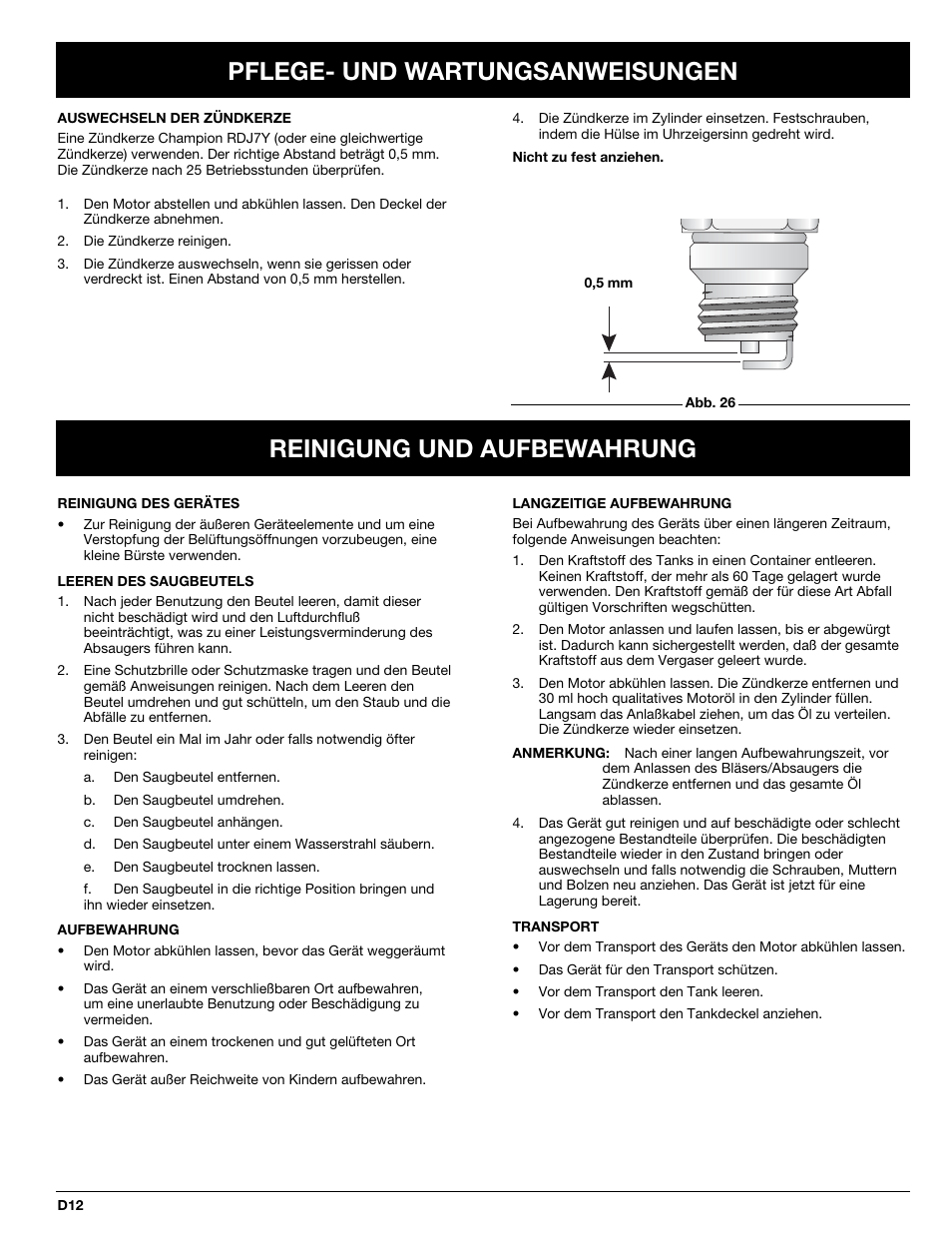 Pflege- und wartungsanweisungen, Reinigung und aufbewahrung | MTD BV3100 User Manual | Page 40 / 88