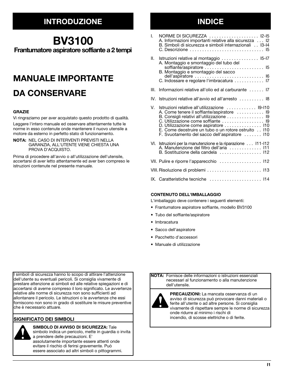 Bv3100, Manuale importante da conservare, Introduzione indice | Frantumatore aspiratore soffiante a 2 tempi | MTD BV3100 User Manual | Page 43 / 88