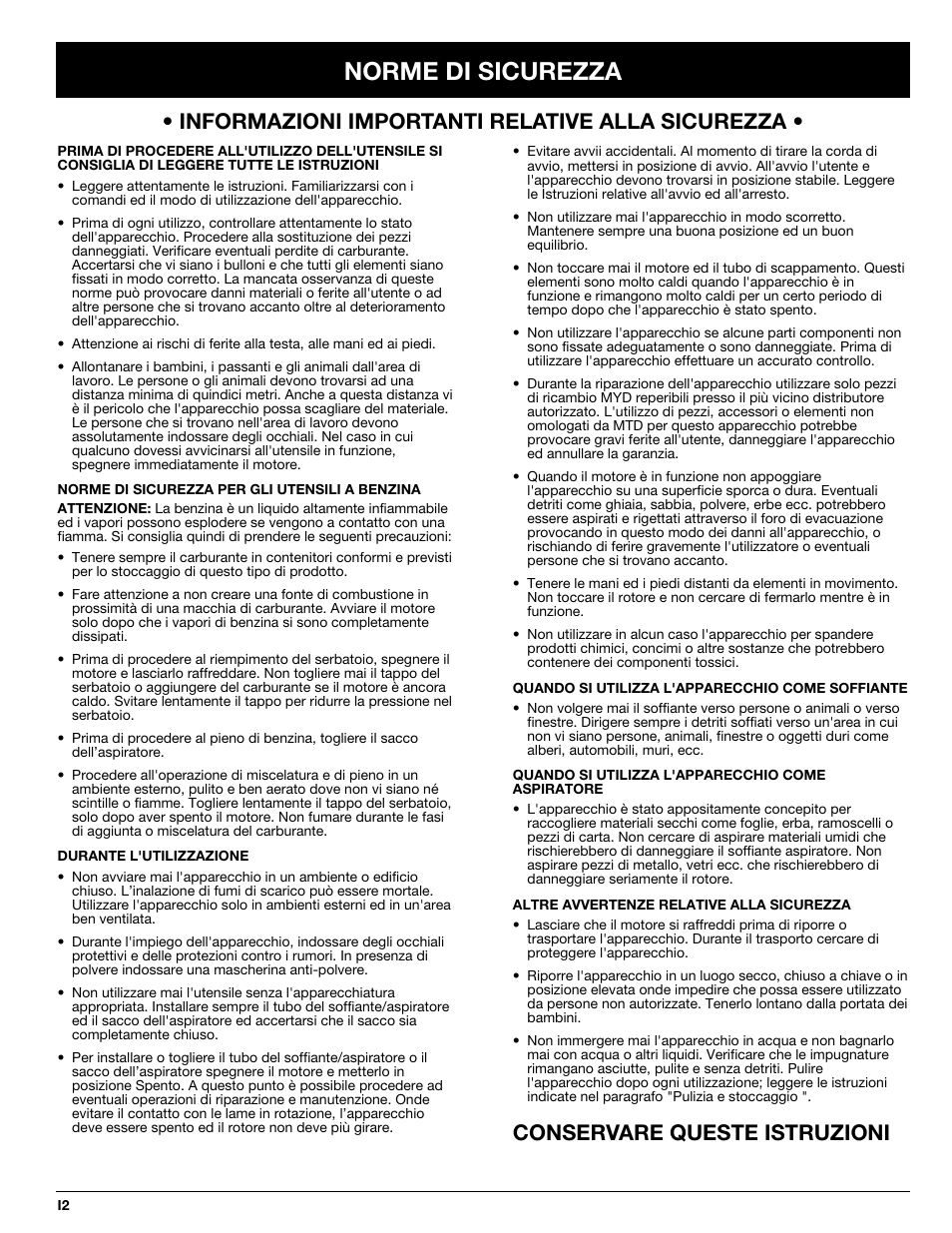 Norme di sicurezza | MTD BV3100 User Manual | Page 44 / 88