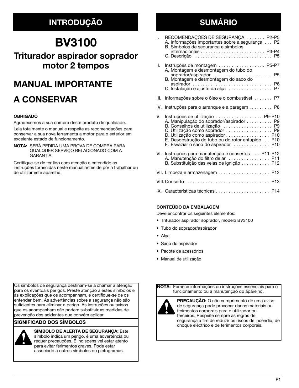 Bv3100, Introdução sumário | MTD BV3100 User Manual | Page 57 / 88