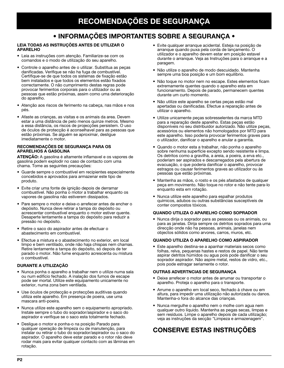 Recomendações de segurança | MTD BV3100 User Manual | Page 58 / 88