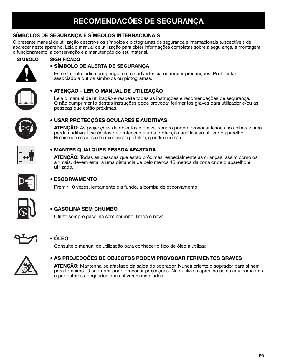 Recomendações de segurança | MTD BV3100 User Manual | Page 59 / 88