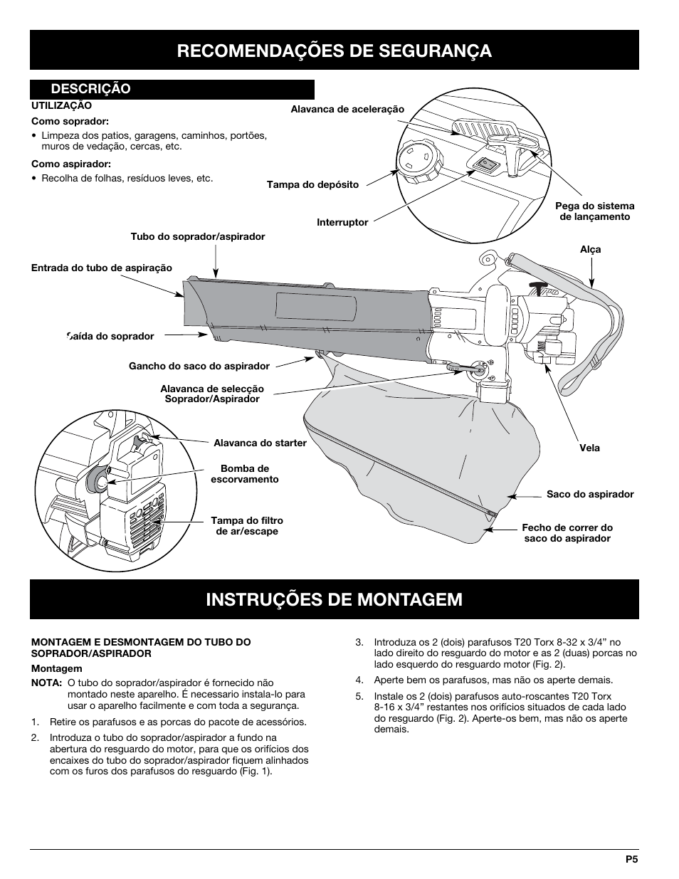 Instruções de montagem recomendações de segurança, Descrição | MTD BV3100 User Manual | Page 61 / 88