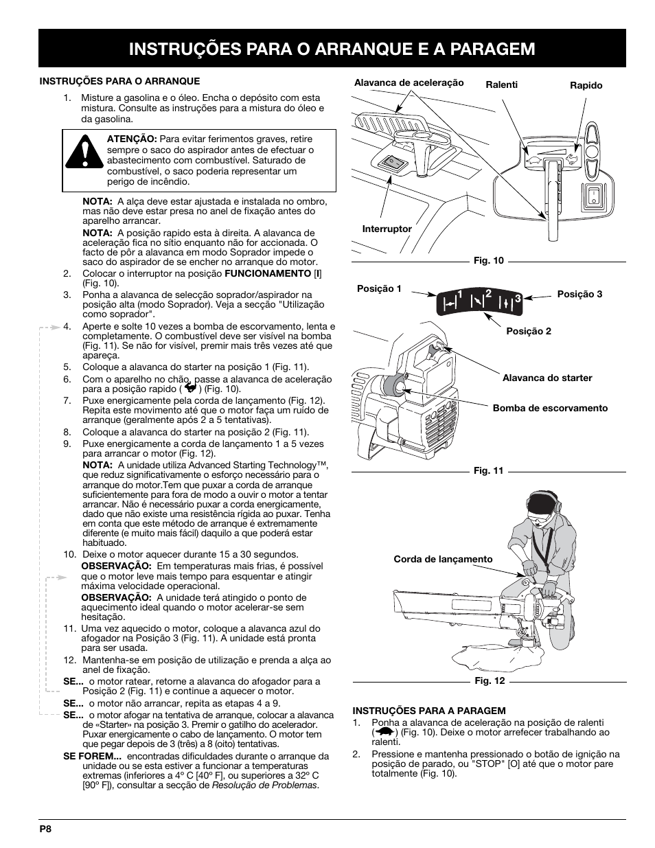 Instruções para o arranque e a paragem | MTD BV3100 User Manual | Page 64 / 88