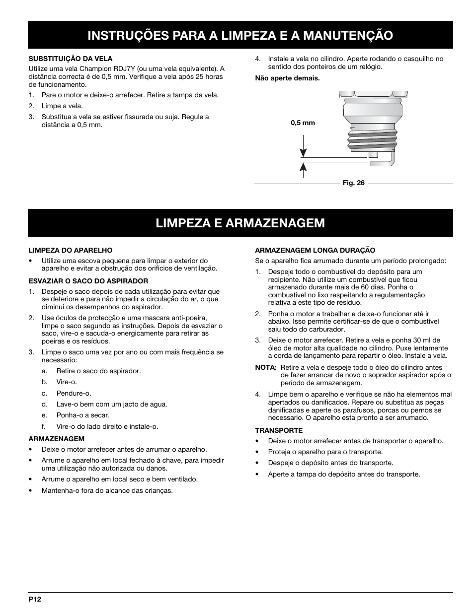 Instruções para a limpeza e a manutenção, Limpeza e armazenagem | MTD BV3100 User Manual | Page 68 / 88