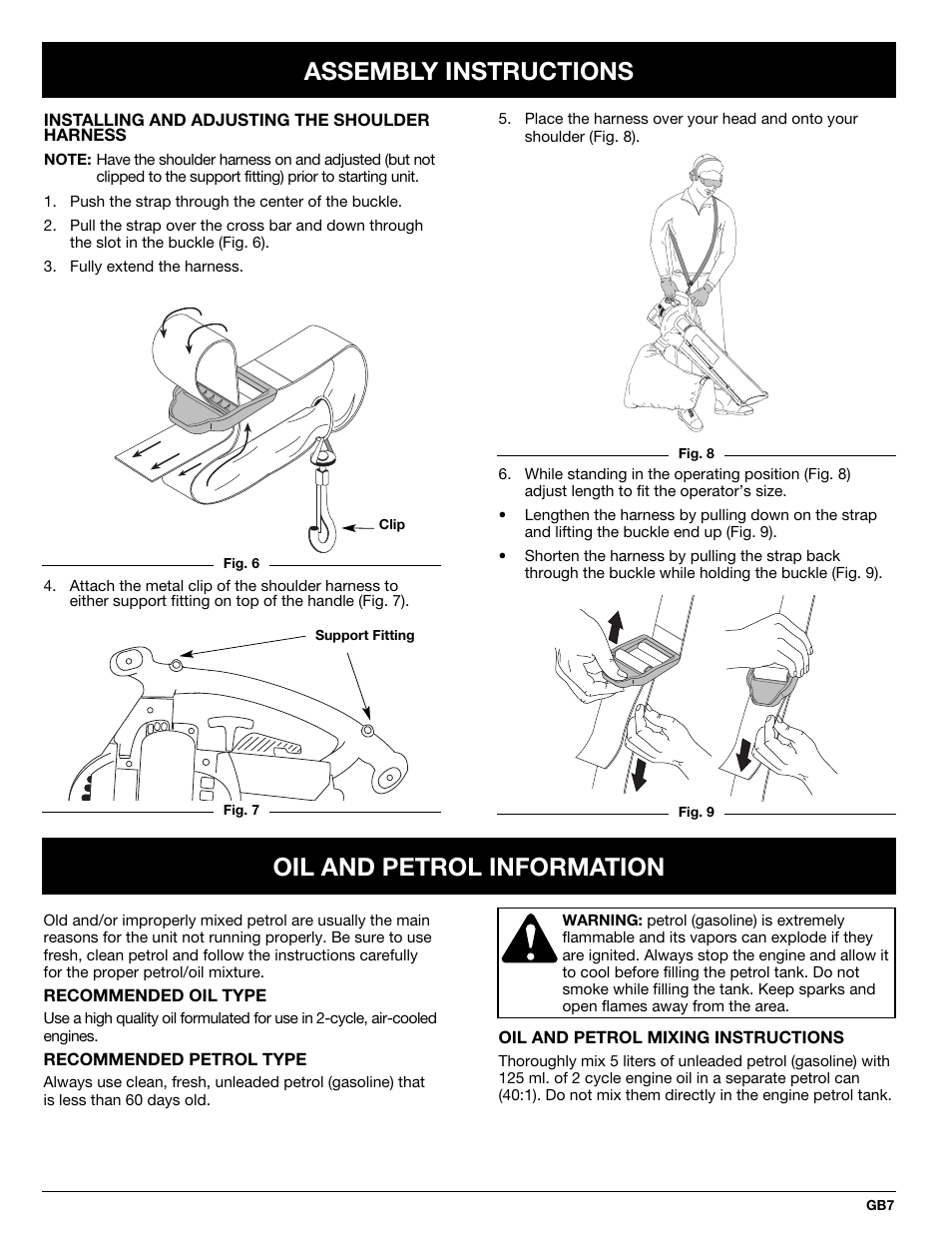 Assembly instructions, Oil and petrol information | MTD BV3100 User Manual | Page 7 / 88