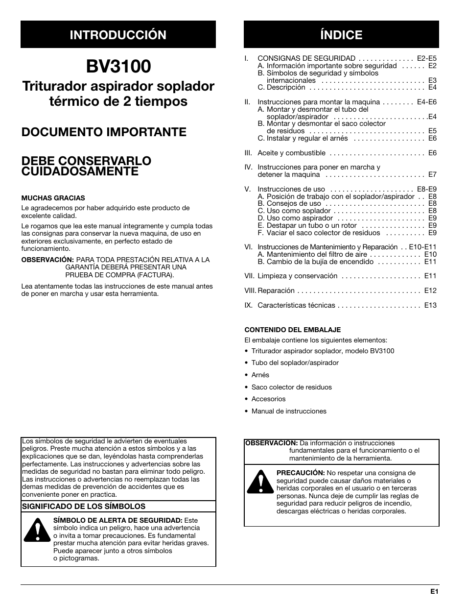 Bv3100, Triturador aspirador soplador térmico de 2 tiempos, Introducción índice | MTD BV3100 User Manual | Page 71 / 88
