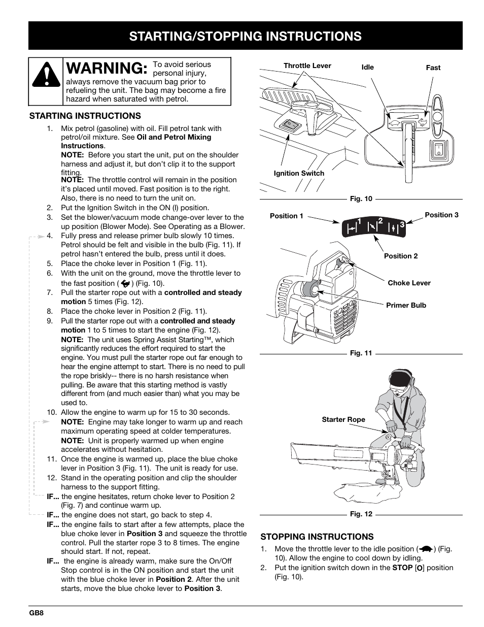 Warning, Starting/stopping instructions | MTD BV3100 User Manual | Page 8 / 88