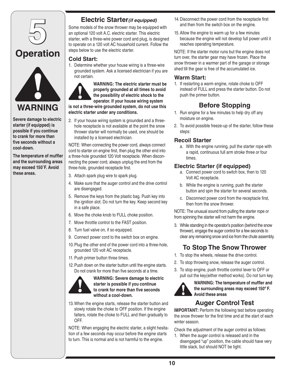 Operation, Warning | MTD 3AA & 3CA User Manual | Page 10 / 20