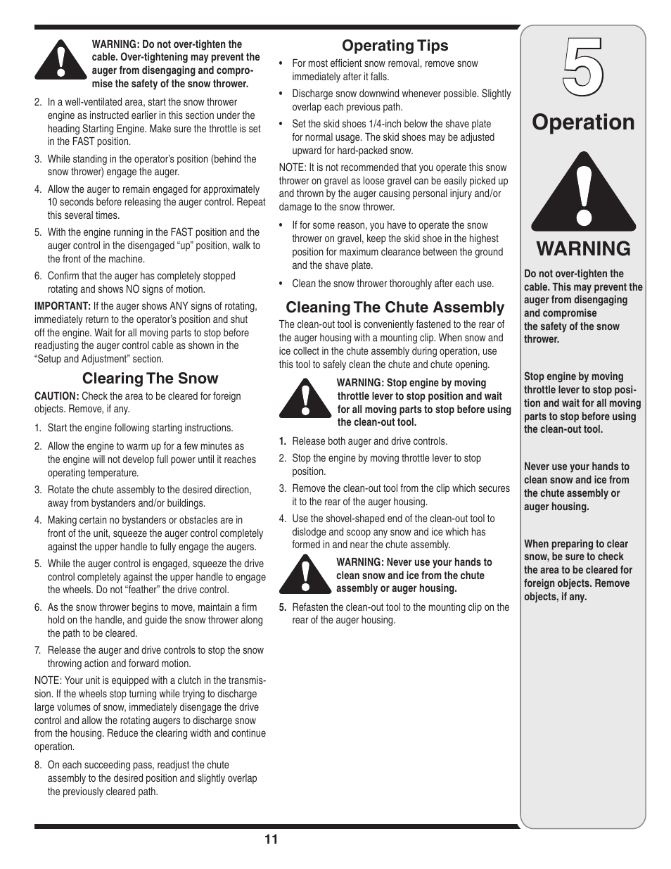 Operation, Warning, Clearing the snow | Operating tips, Cleaning the chute assembly | MTD 3AA & 3CA User Manual | Page 11 / 20