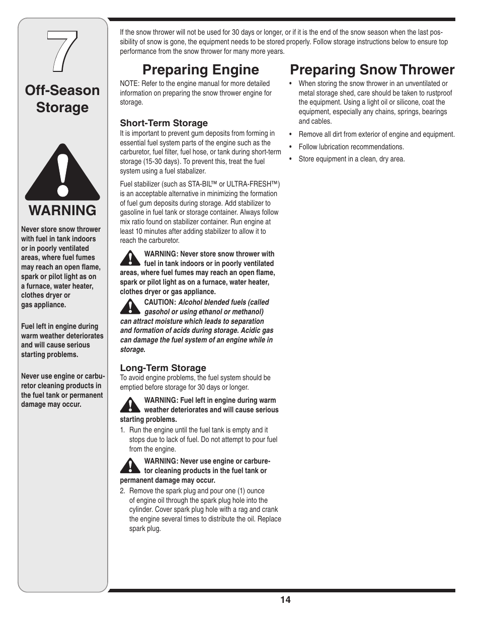 Preparing snow thrower, Preparing engine, Off-season storage | Warning | MTD 3AA & 3CA User Manual | Page 14 / 20