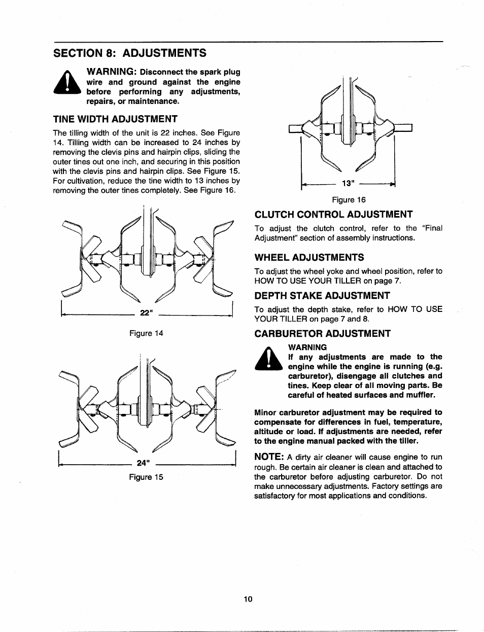 Tine width adjustment, Clutch control adjustment, Wheel adjustments | Depth stake adjustment, Carburetor adjustment, Warning | MTD 21A-340-100 User Manual | Page 10 / 20