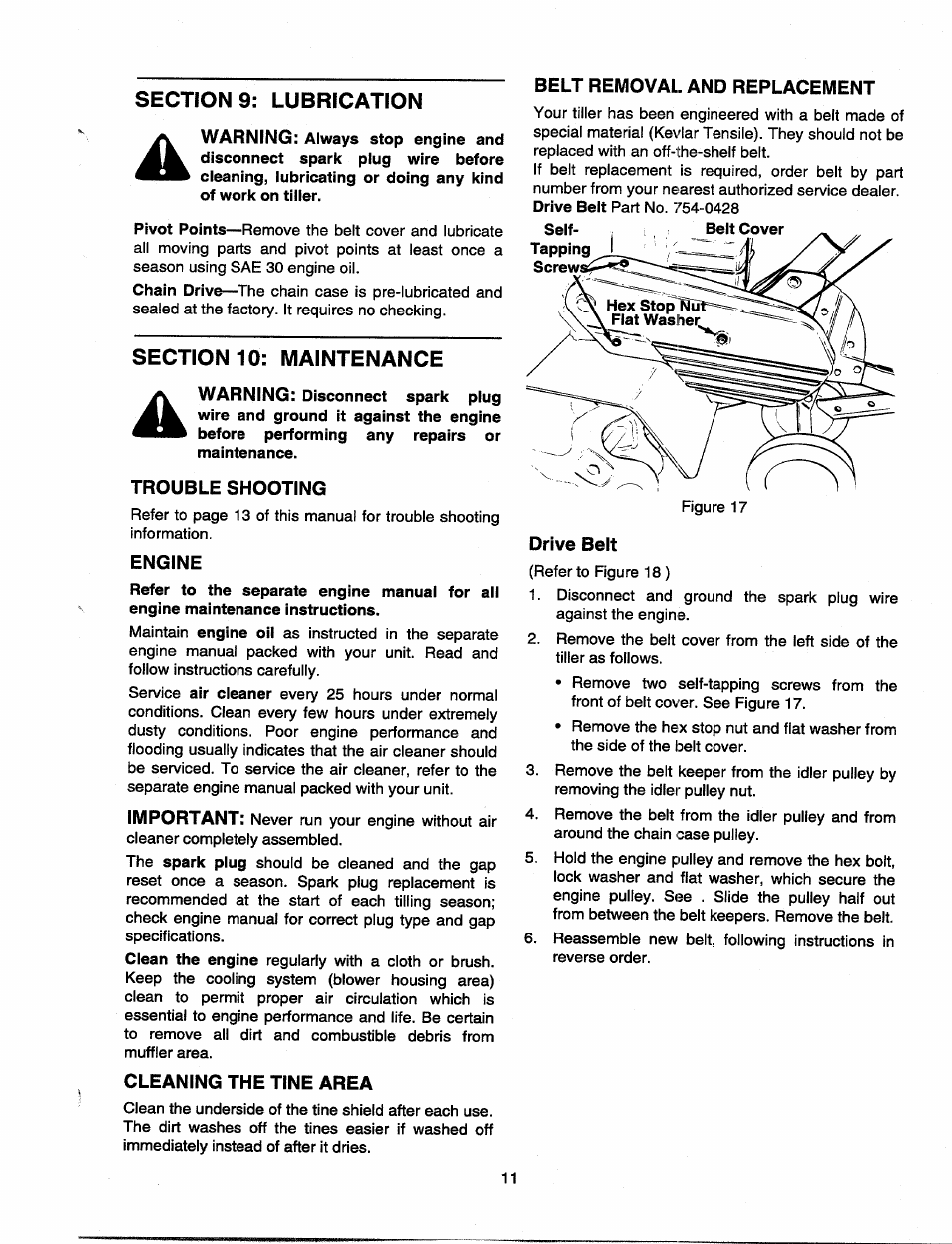 Sections: lubrication, Section 10: maintenance, Trouble shooting | Engine, Cleaning the tine area, Belt removal and replacement, Drive belt | MTD 21A-340-100 User Manual | Page 11 / 20