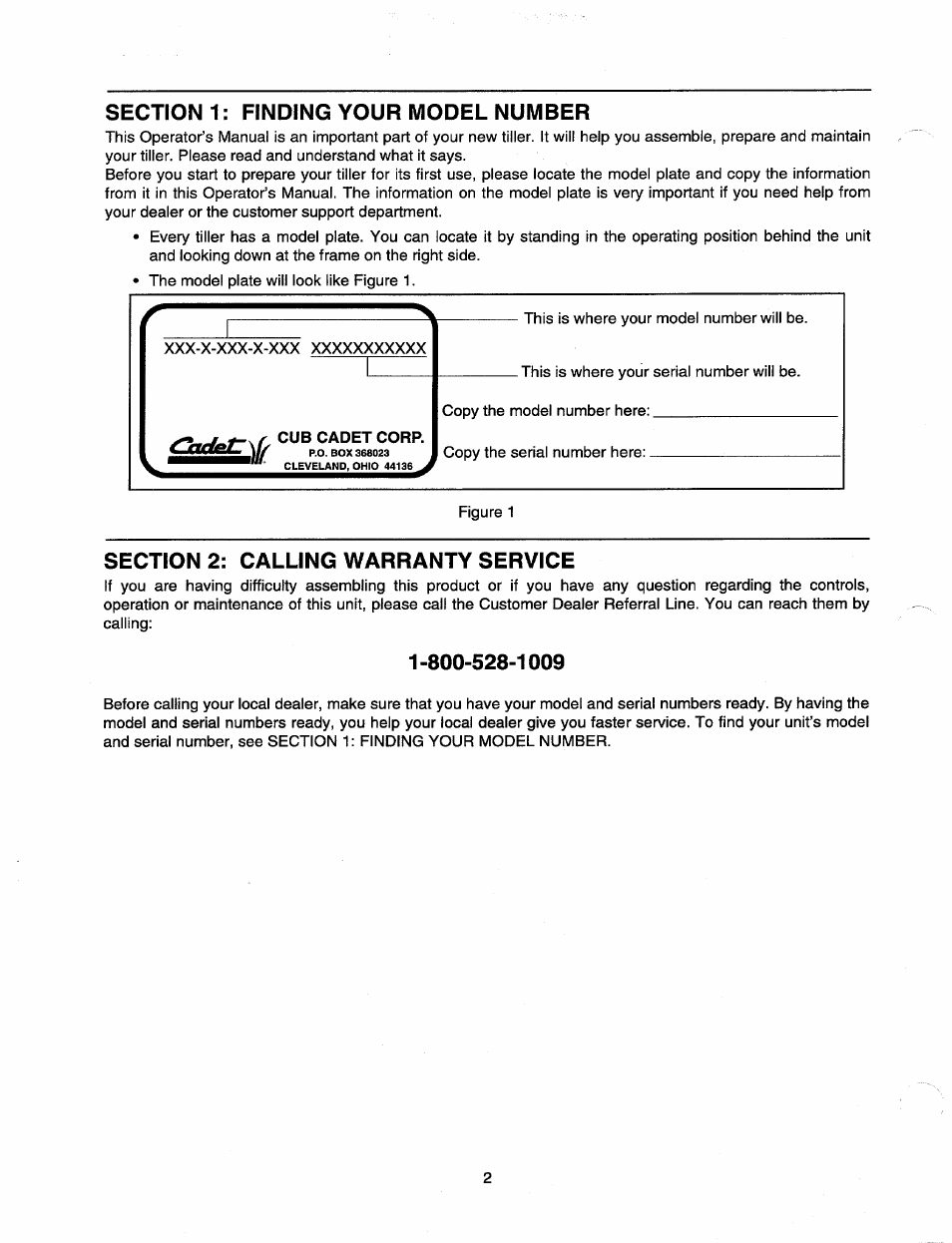 Section 1; finding your model number, Section 2: calling warranty service | MTD 21A-340-100 User Manual | Page 2 / 20