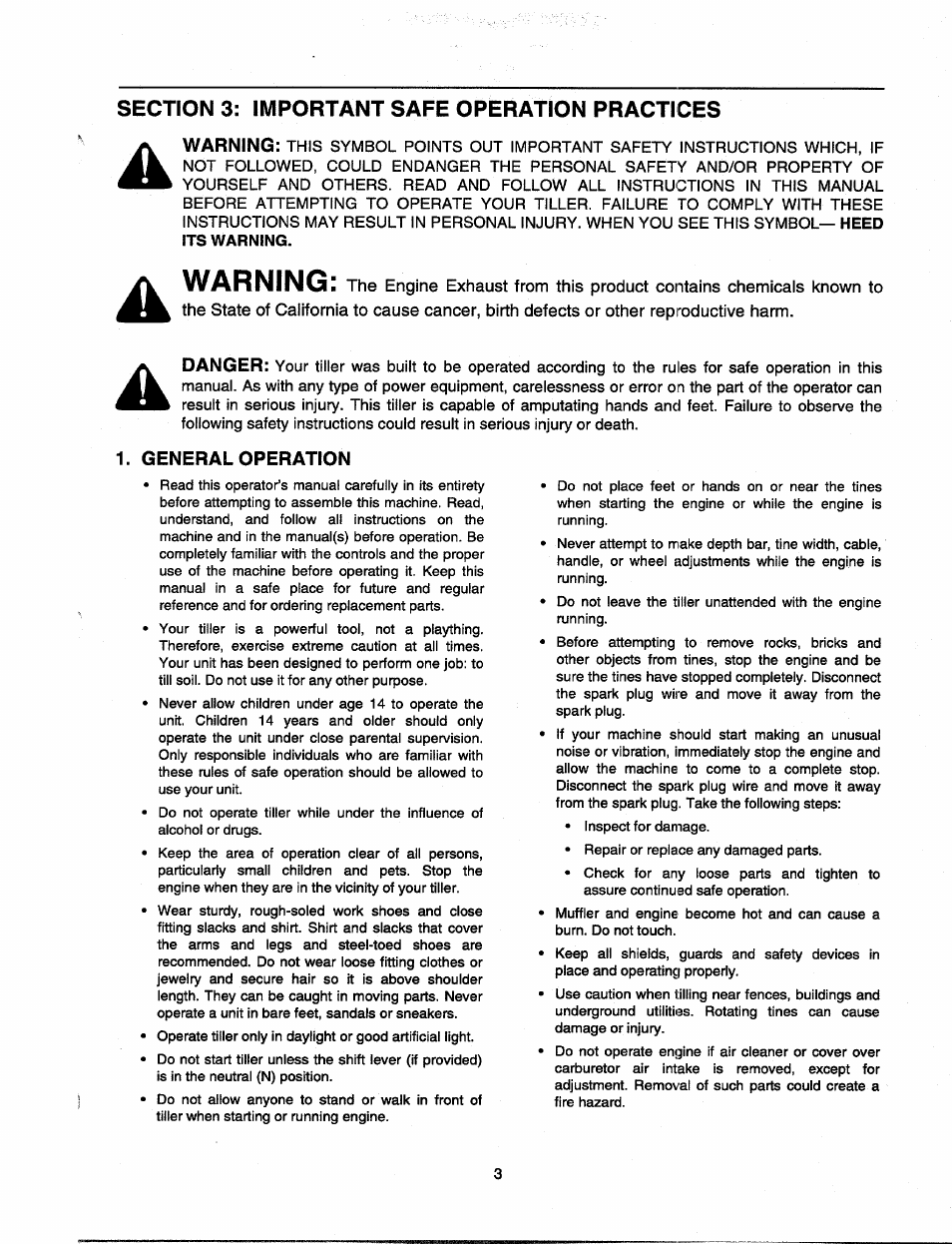 Section 3: important safe operation practices, Warning | MTD 21A-340-100 User Manual | Page 3 / 20