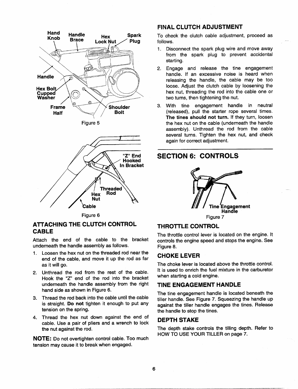 Attaching the clutch control cable, Sections: controls, Throttle control | Choke lever, Tine engagement handle, Depth stake | MTD 21A-340-100 User Manual | Page 6 / 20