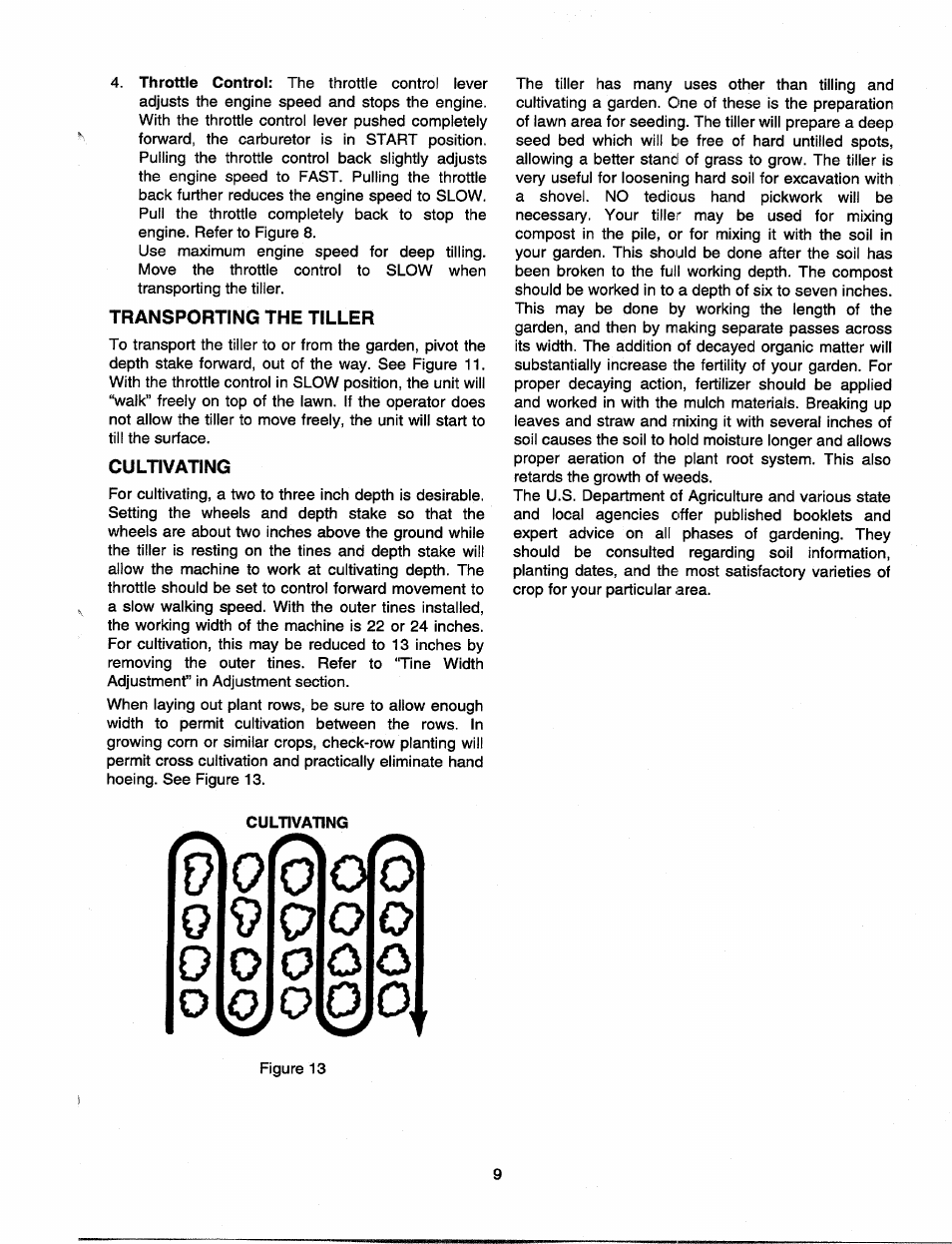 Transporting the tiller, Cultivating | MTD 21A-340-100 User Manual | Page 9 / 20