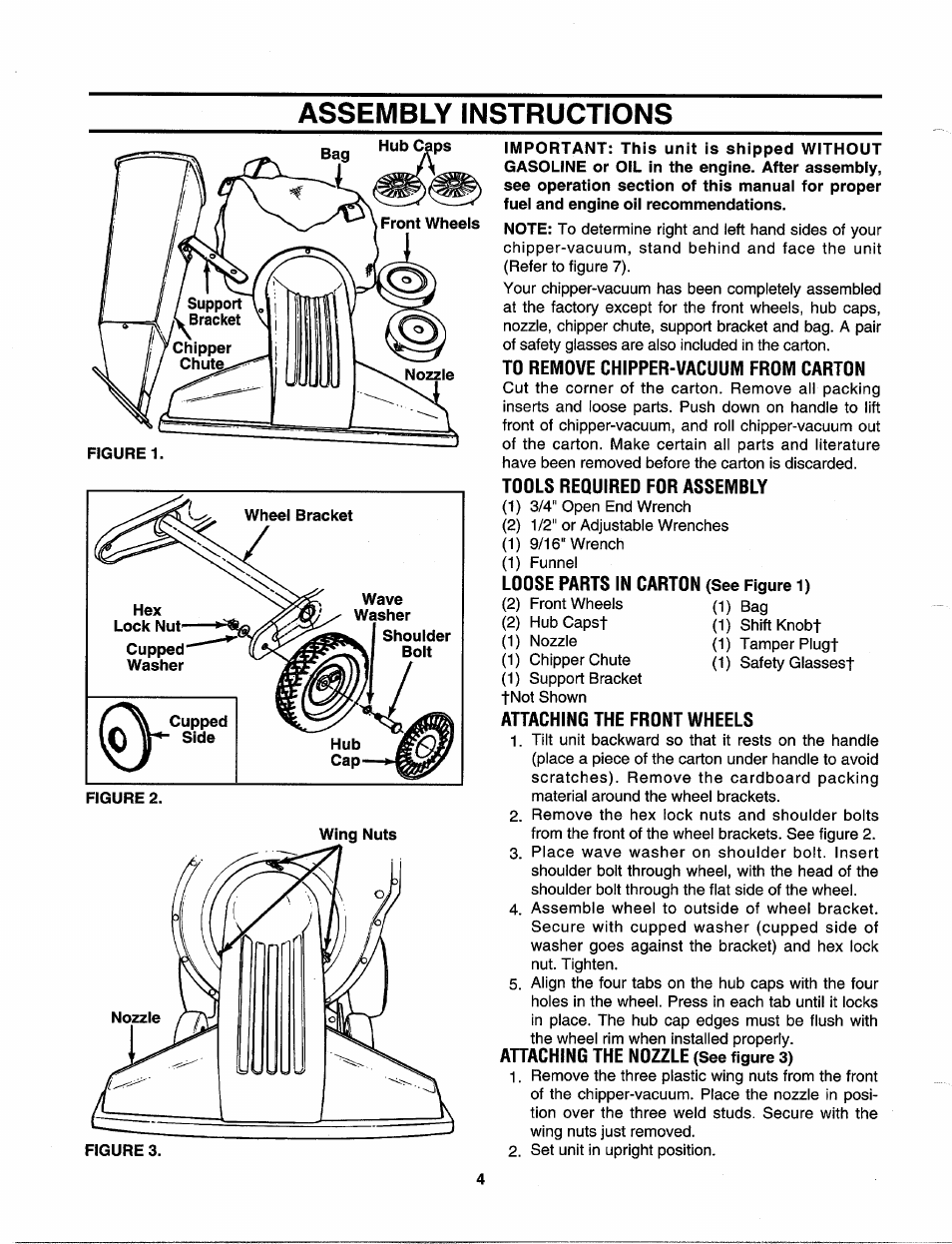 To remove chipper-vacuum from carton, Tools required for assembly, Loose parts in carton (see figure 1) | Attaching the front wheels, Ahaching the nozzle (see figure 3), Assembly instructions | MTD 315B User Manual | Page 4 / 12